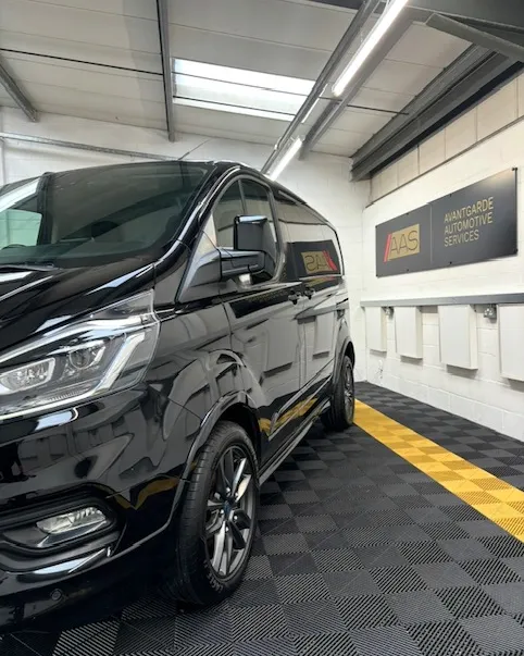 Black Ford Transit after a full deep clean, in the Avantgarde unit